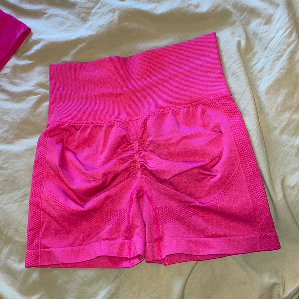 Hot pink scrunch workout shorts